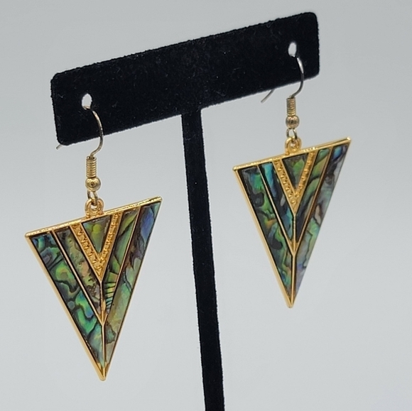 Vintage Goldtone Geometric V Shape Abalone Earrings #1216 - Picture 4 of 11